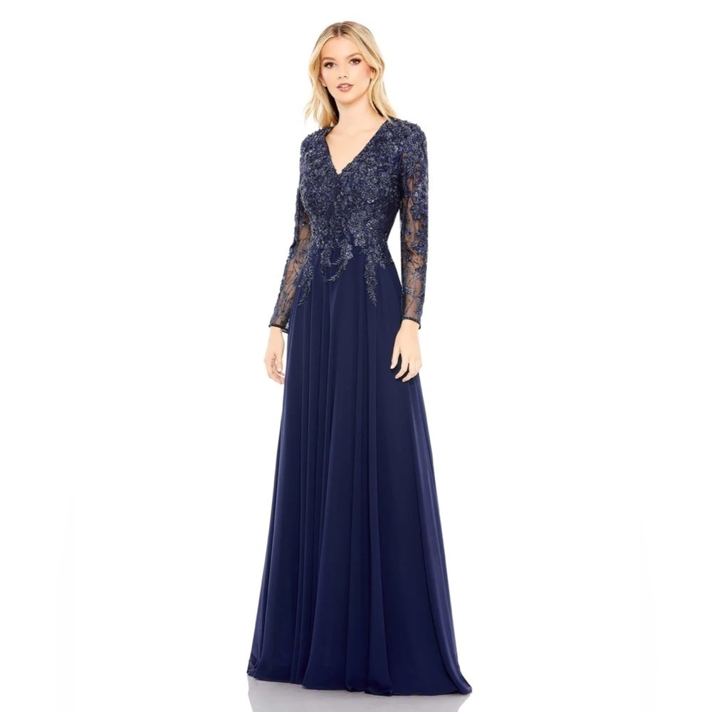 Mac Duggal 20388 NWOT EMBROIDERED ILLUSION LONG SLEEVE V NECK G…